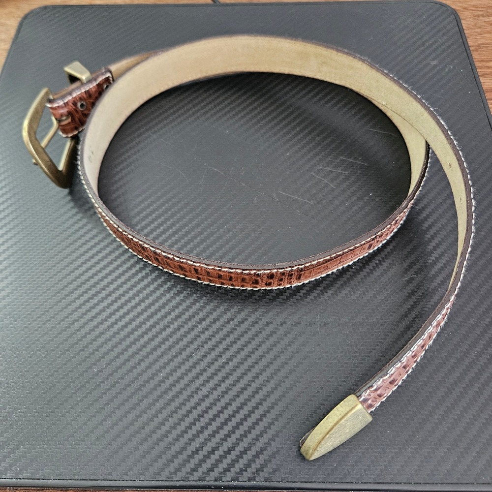 Vintage Brown Alligator Embossed Faux Leather Western Belt Brass Buckle Size 34